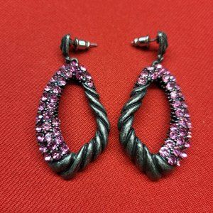 Drop Dangle Earring Pewter Silver with Pink Rhinestones